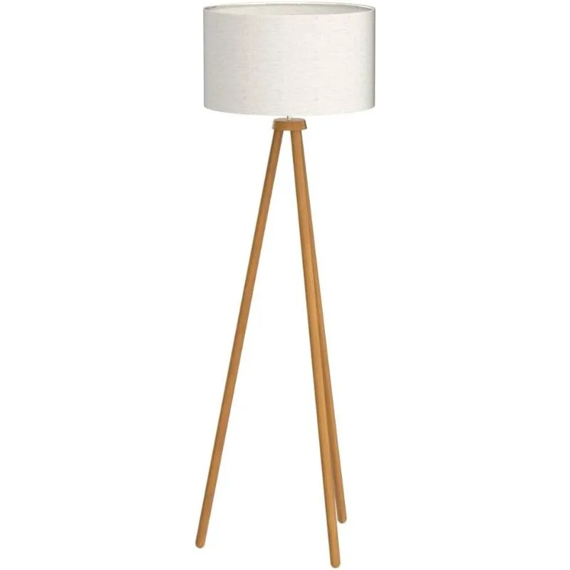 Houten Statief Vloerlamp, Midden Eeuw Staande Lamp Voor Woonkamer, Vlas Lampenkap, Modern Design Staande Lamp