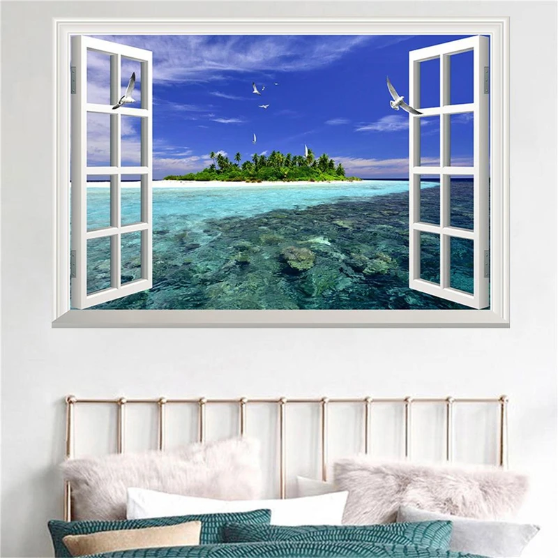 

Home Decoration Blue Sea View Mural for Aesthetic Rooms Walls Art Beach Green Island Seabird Vinyl Big Window Scenery Stickers
