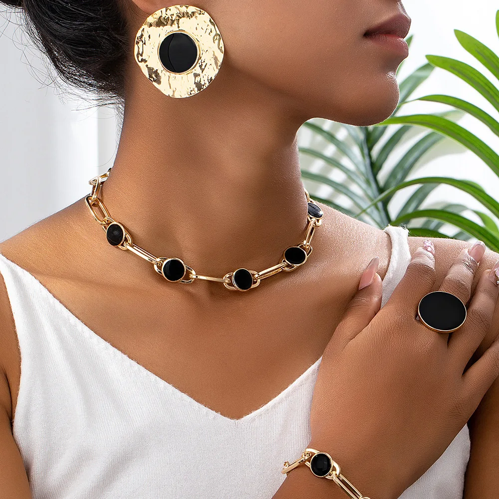 4 PCS Jewelry Set Big Black Disc Round Chain Resin Charm Choker Necklace Bracelet Gold Color Metal Earring Ring Statement Gifts