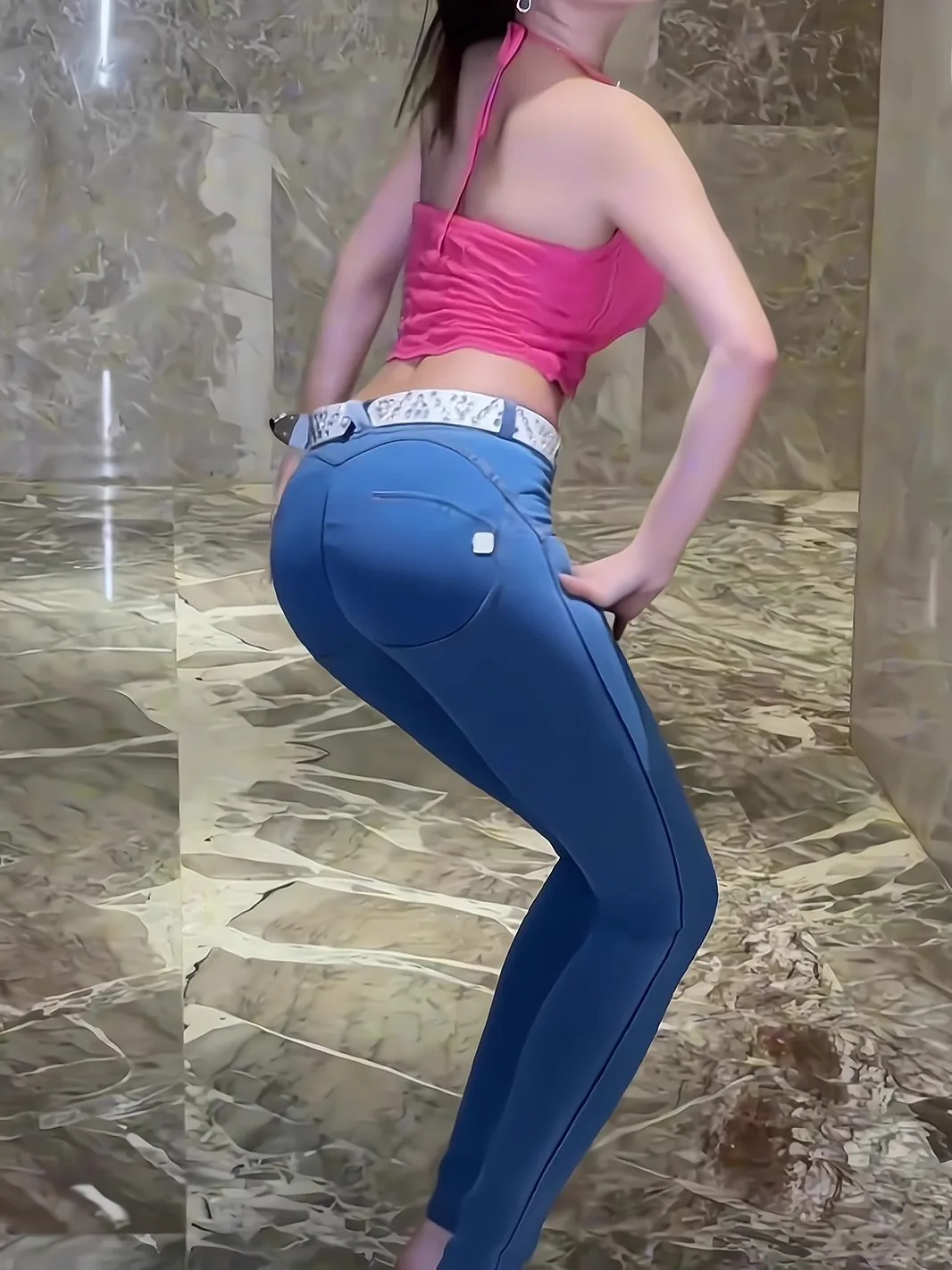 Jean slim taille basse en coton extensible pour femme, pantalon Long crayon bleu clair, Sexy, élastique, fesses pêche, amincissant
