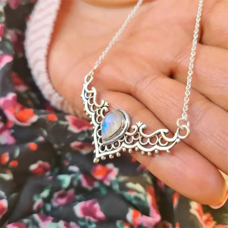 Huitan Hollow Out Wedding Necklace for Women with Pear Imitation Opal Stone Antique Silver Color Special-interested Girl Jewelry