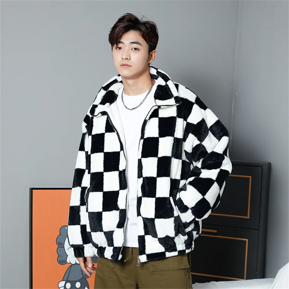 Abcvan Snaki 2023 New High Quality Black and White Plaid Rabbit Hair Cotton Coat Men's and Women's Coat