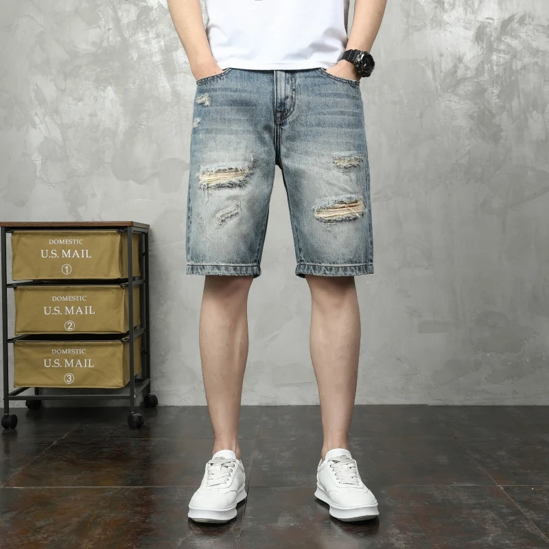 

Men's 2025 Vintage Summer Streetwear Ripped Denim Shorts - Casual Loose Straight Fit Regular Mid-Length Trendy Shorts Jeans