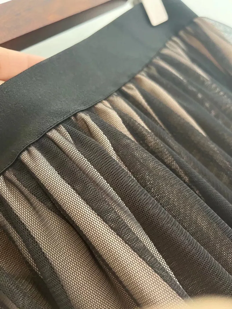 Spring 2025 High Waist A-Line Skirt Mesh Skirt Half-length Fairy Tale Style Long Skirt New Arrival Color Block Slimming Effect