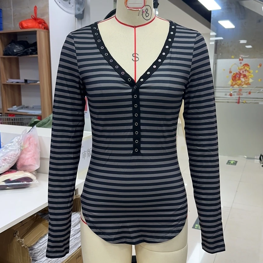 Y2K Patchwork Striped Women's Long Sleeve Deep V Neck Top with Button Front Detail Slim Fit Fashionable Casual Wear