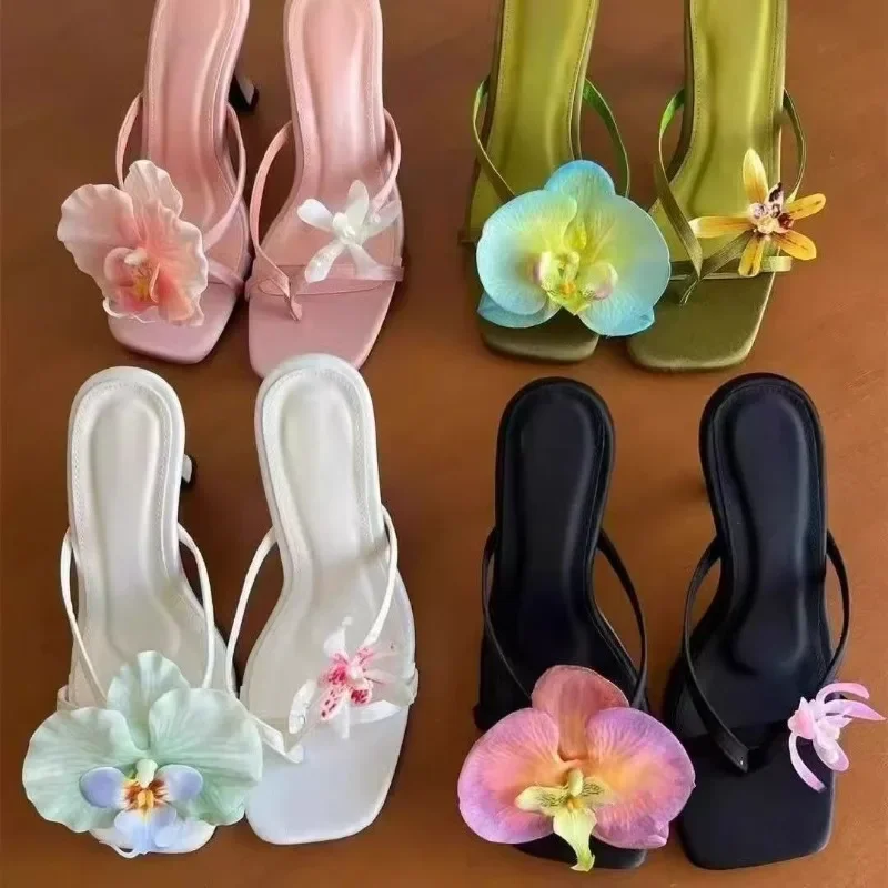 أحذية عالية الجودة للسيدات 2025 تصميم جديد أنيق على شكل زهور شباشب نسائية ملابس خارجية عصرية غير رسمية شرائح عالية الكعب للسيدات #5