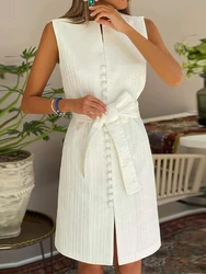 Summer Elegant Dress Women 2023 Women Sleeveless Button Decoration with Belts Formal Fragrant Breeze Formal White Dress vestidos