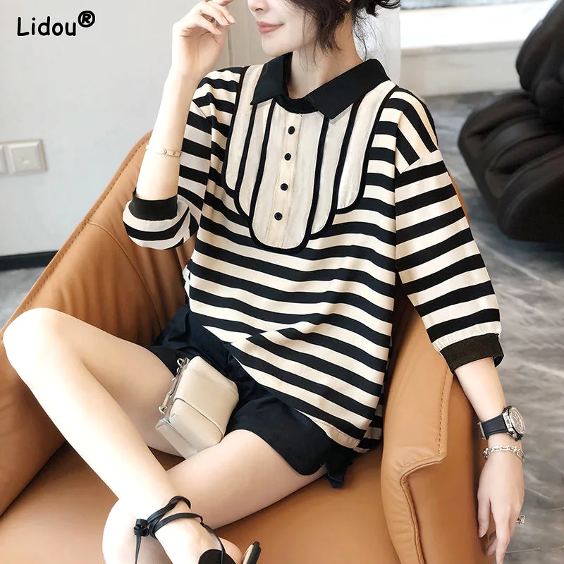 

Spring Summer New Women's Clothing Thin Tops Pullovers Fashion Turn-down Collar Long Sleeve Striped Button Loose Blouses Casual