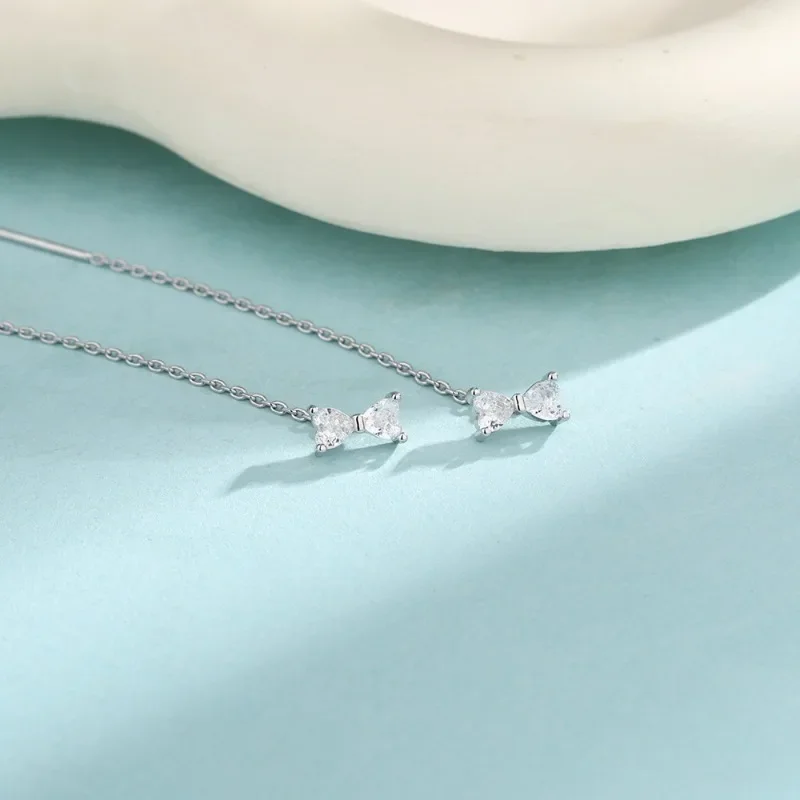 

925 Sterling Silver Charming Heart Love Zircon Bow Tassels Drop Earring for Women Fine Jewelry High Luxury Vintage Accessories