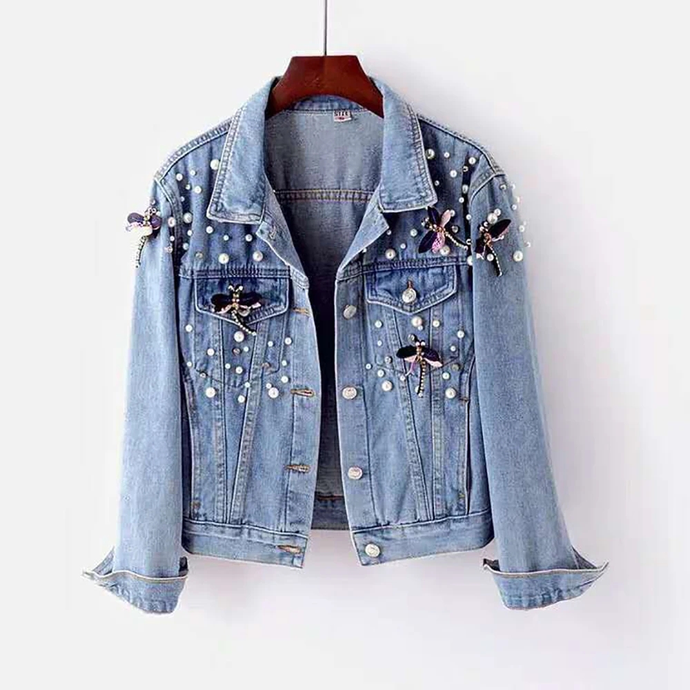 

Spring Autumn Bead Denim Jacket For Women Dragonfly Appliques Blue Lapel Coat American Fashion High Street Female Jackets