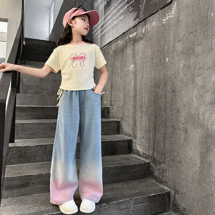 Teenage Cowgirl Wide-Leg Jeans Kids Girls Gradient Color Denim Pants Children Outerwear Long Trousers Girl Clothing 5-14 Years