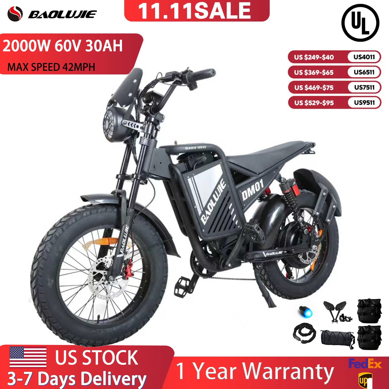 มอเตอร์ไซค์ไฟฟ้า 60V 30AH แบตเตอรี่ ความเร็วสูงสุด 42 ไมล์ต่อชั่วโมง จักรยานไฟฟ้า ยางขนาด 20*40 นิ้ว จักรยานไฟฟ้าสำหรับผู้ใหญ่