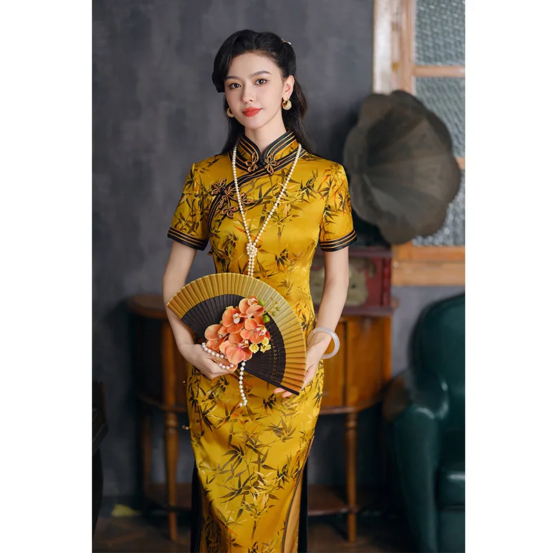 

High Quality Yellow Golden Bamboo High-Grade Cheongsam for Women plus Size Heavy Industry 2024 New Improved Cheongsam Dress