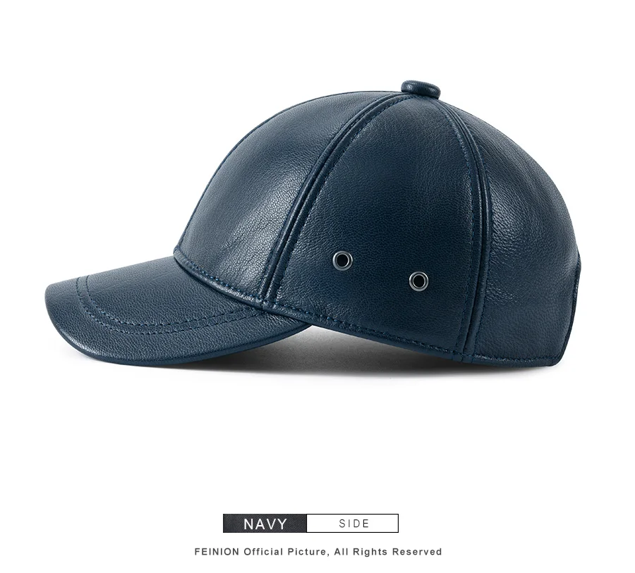 FEINION Unisex-Baseballkappe aus echtem Leder, 100 % Leder, für den Winter, strukturiert, flach, verstellbarer Rückengurt – Detail 6