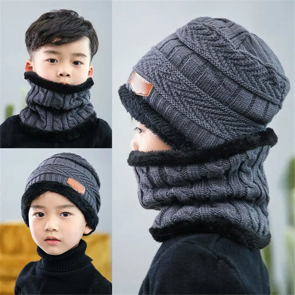 Kids Winter Neck Scarf Cap Set Fashion Beanie Warm Hat Scarf Set Neck Cover Fleece Knitted Thick Ski Cap Warm Balaclava