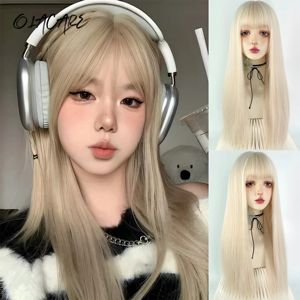 

White Blonde Long Straight Synthetic Wigs for Women Colorful Cosplay Party Fake Hair with Bangs White Wig HighTemperature