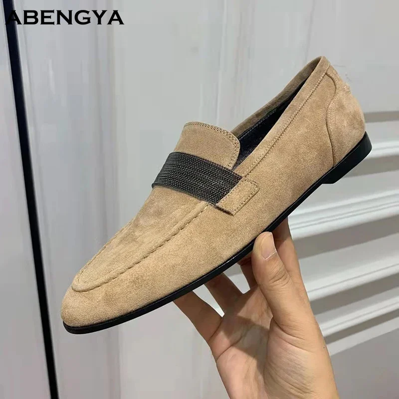

Autumn Khaki Suede Flat Loafers Shoes Woman Slip On Mules Daily Work Shoes Designer Casual Vacation Walking Dress Shoes Women