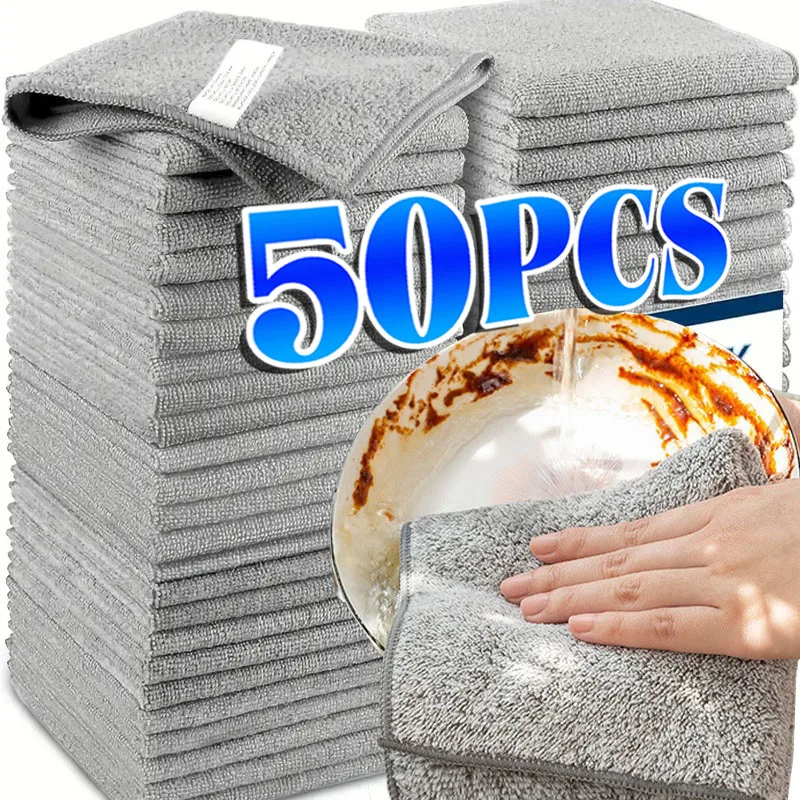

1/100PCS Gray Bamboo Charcoal Thickened Super Absorbent Dishcloth Anti-grease Kitchen Wiping Rags Microfiber Cleaning Cloths
