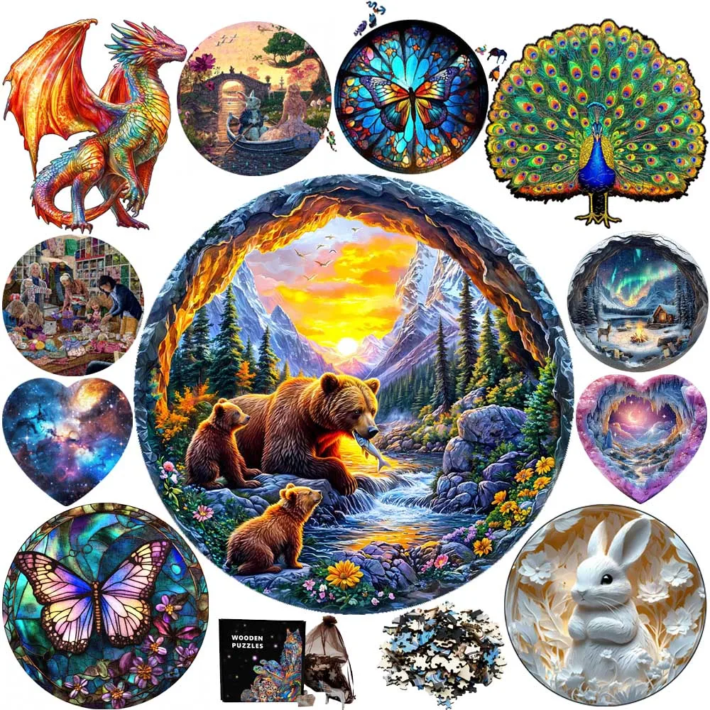 Fish-eating Bear Wooden Animal Puzzle for Adult Kids Brain Twister Beautiful Peacock Puzzle Decompressed Toys Holiday Gift