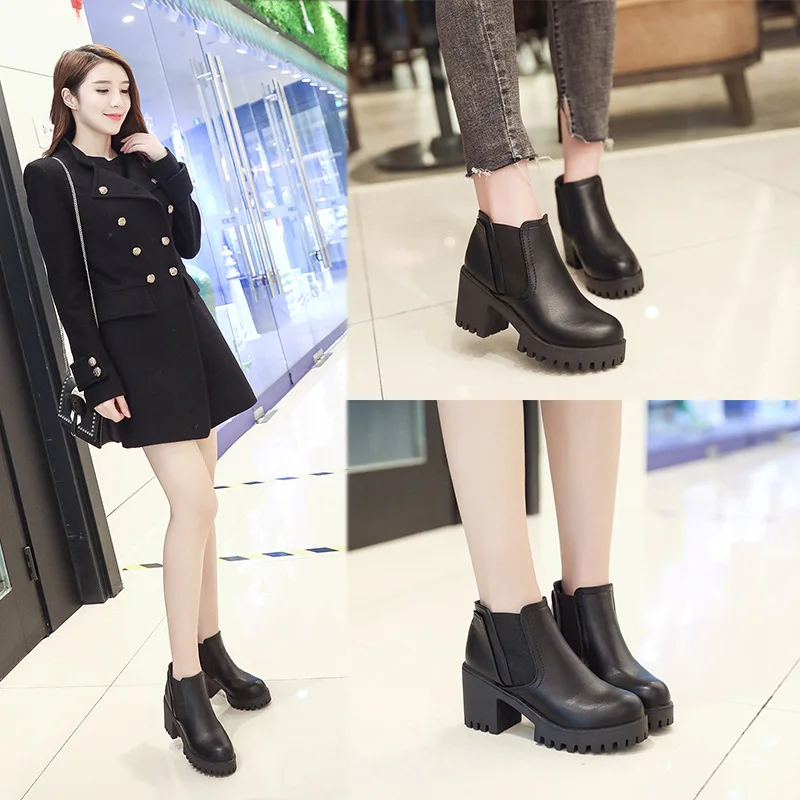 New Fashion Low-tube High-heeled Women\'s Short Boots Round Toe Wear-resistant Waterproof Platform Elastic Ankle Boots