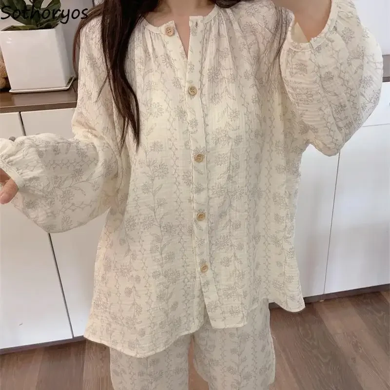 

O-neck Pajama Sets Women Print Simple Leisure Loose Long Sleeve Full Length Ladies Loungewear Soft Comfortable Spring Autumn
