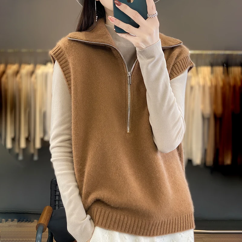 Gilet con risvolto da donna autunno e inverno, maglione pullover senza maniche da donna lavorato a maglia in cashmere, nuovo stile di moda corto,