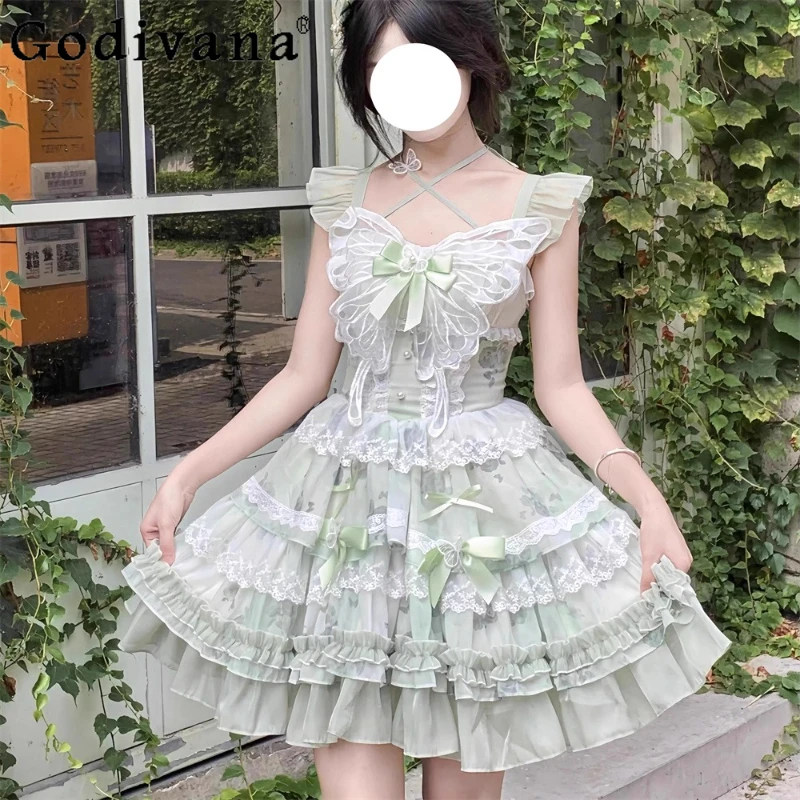 

Elegant Lolita JSK Daily Green Bow A-line Suspender Princess Dress Summer New Sweet Ruffles Temperament Japanese Cake Dresses