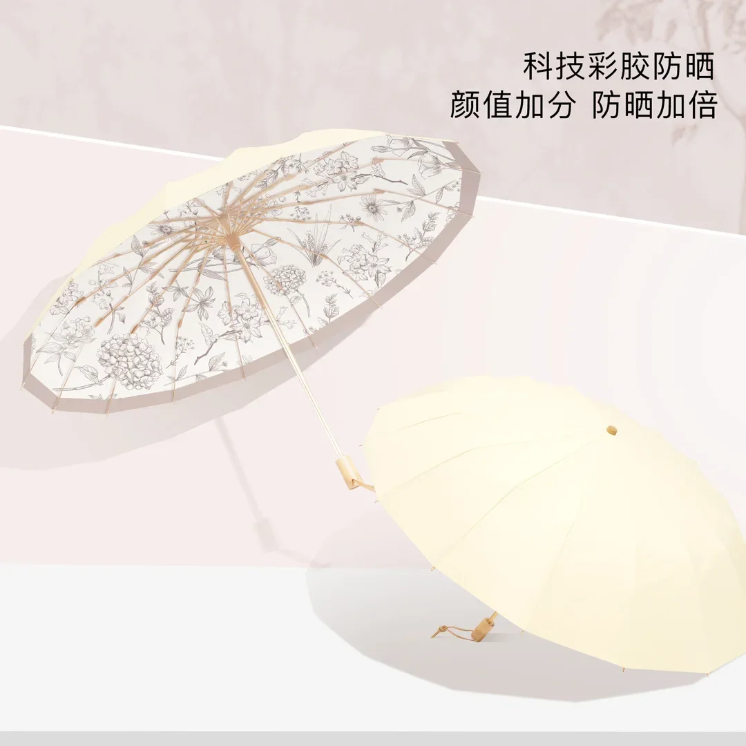 Retro Sun Uv Protection Folding Rain Umbrella for Women, Large 16 Bone Windproof Sunshade, Sunny and Rainy, Sun Umbrella Parasol