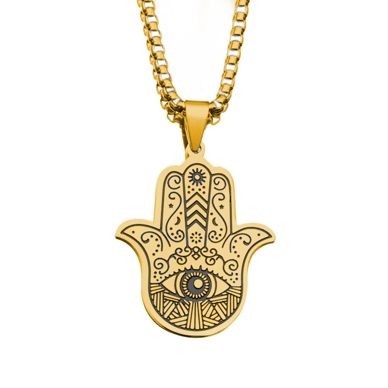 Edelstahl Hamsa Hand der Fatima Anhänger Halskette Böses Auge Amulett Schutzschmuck Geschenk für Männer Frauen – Detail 1