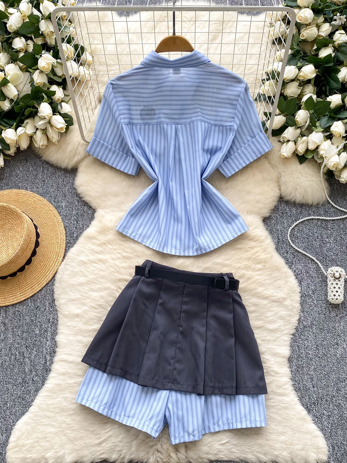 Spicy Girl School Sle Set High Waist ort Sve irt plus  Skirt Pants Striped Faionable Two-Piece Women's Outfit
