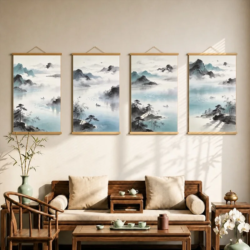 Wall Decorations Fisherman in a Mountain Stream, Zen Oriental Pearlescent Canvas Wall Hanging Scroll for Japanese Inn Interior