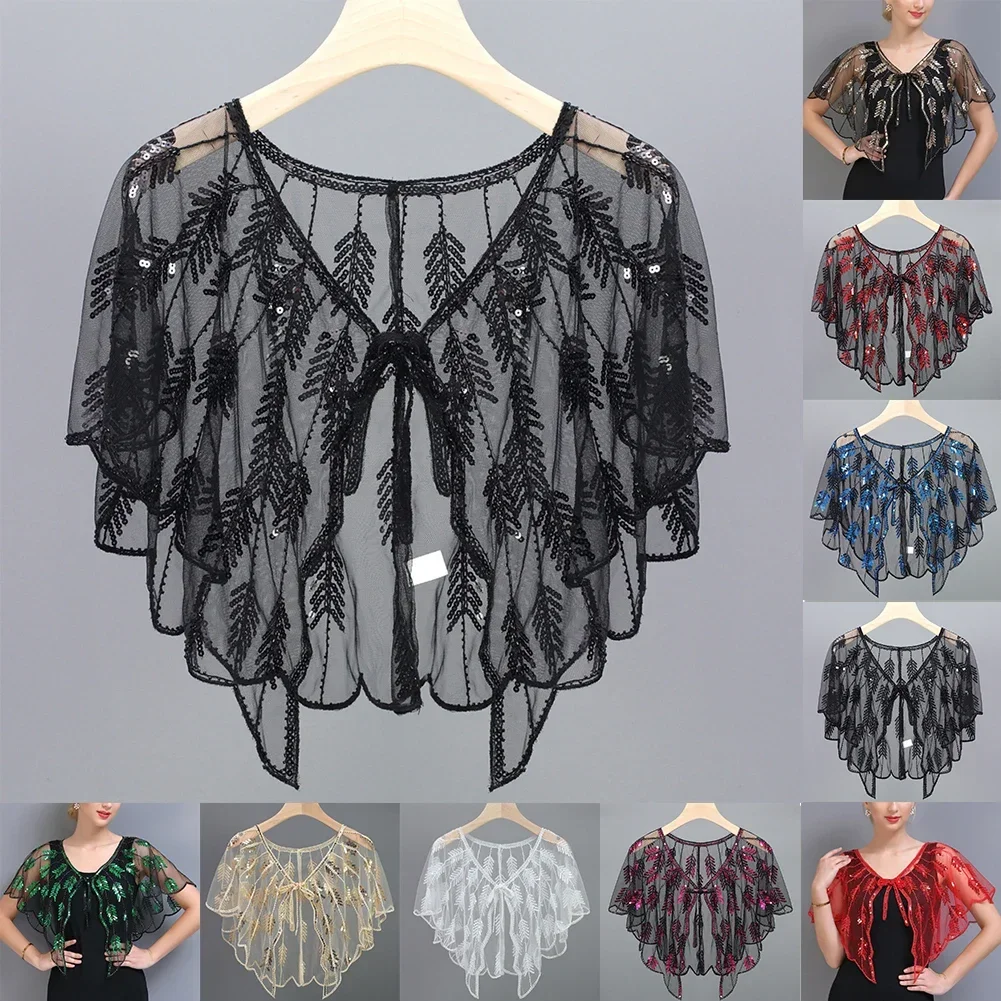 Women Retro 1920s Beaded Sequin Shawl Sheer Mesh Embroidery Leaf Bolero Party