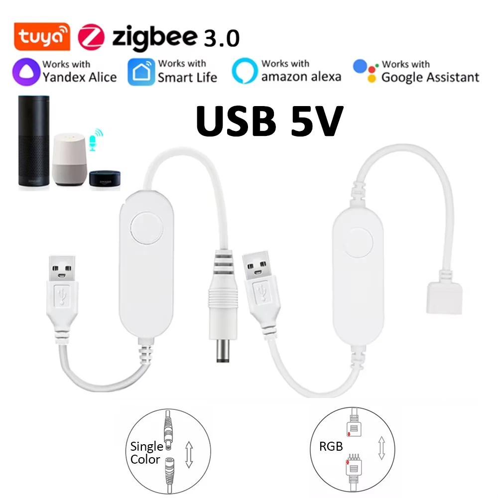 

Контроллер Zigbee 3.0 Tuya LED USB 5V для диммера, одноцветных и RGB светодиодных лент, управление через приложение Smart Life, голосовое управление Alexa