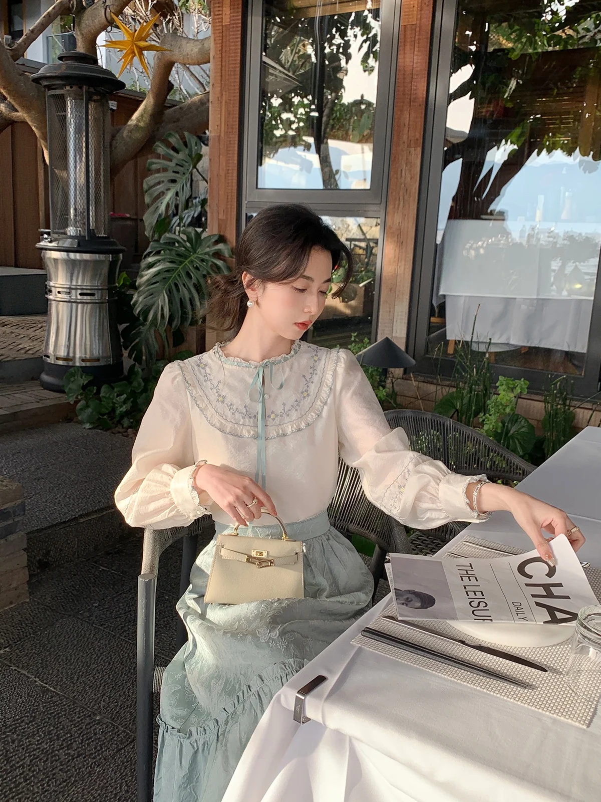 

Синяя женская юбка А-силуэта с высокой талией, весенняя модная юбка средней длины в китайском стиле для туристических поездок, другие материалы