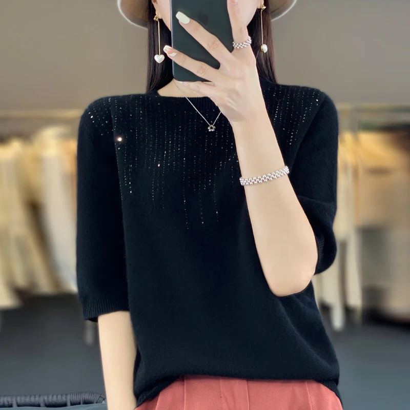 Women's Summer Top With Diamond Round Neck T-shirt Seamless 100% Fine Spin Wool Knitted Short Sleeve Korean Fit Y2K Sweater