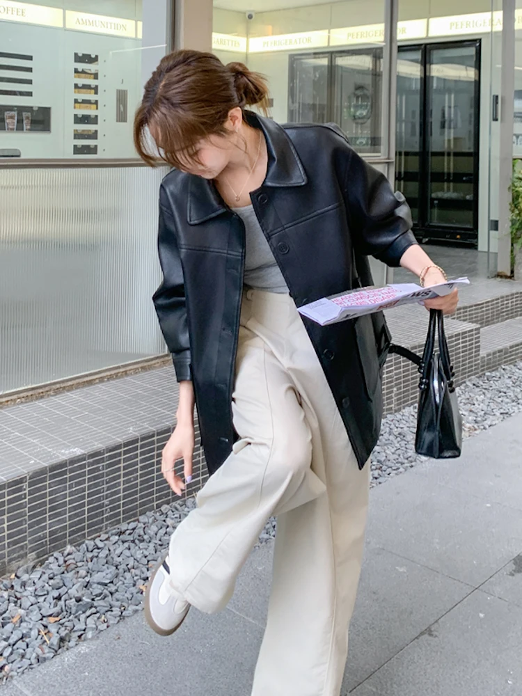 Bla Retro Eco-Leather Jaet Women's Cool Casual Sle 2025 Autumn New High-End Loose Fit PU Leather Jaet