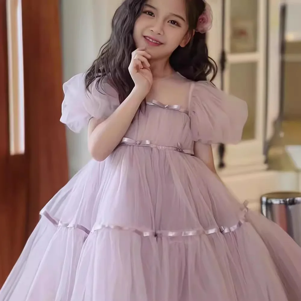 Kids Brand Luxury Children's Princess Party Dresses Girl Wedding Birthday 2 3 To 8 10 12 Years Girls Puffy Lilac Dress Costumes