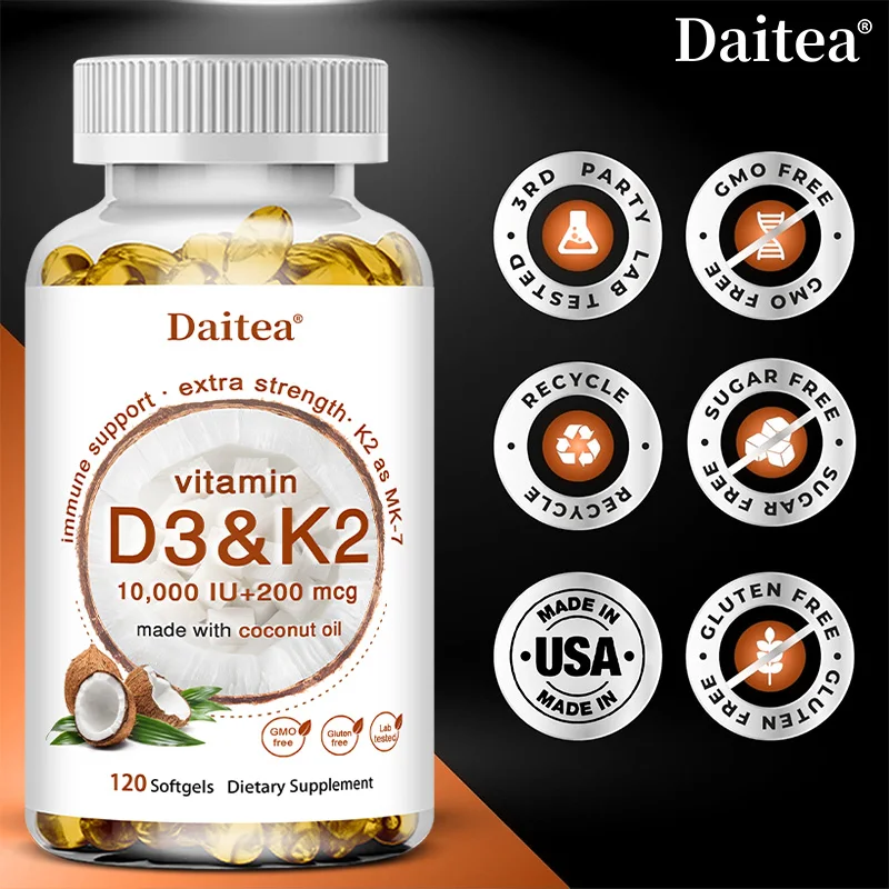 فيتامين د3 ك2 كبسولات زيت جوز الهند 10,000 وحدة دولية + 200MCG تدعم امتصاص الكالسيوم في العظام المكملات الغذائية