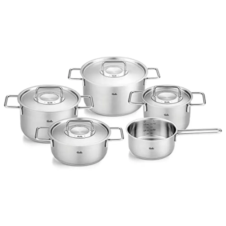

Kitchen stainless steel 9-piece cookware set with metal lids for durability and even heating in sleek silver finish