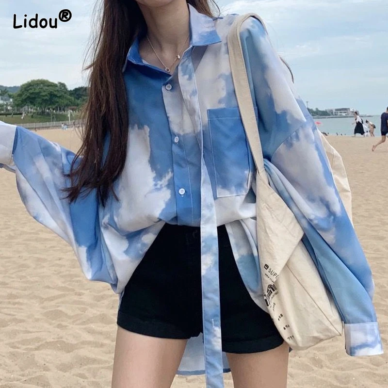 

New Loose 2023 Women's Clothing Korean Young Style Fashion Casual Tie Dye Button Handsome Turn-down Collar Spring Summer Blouses