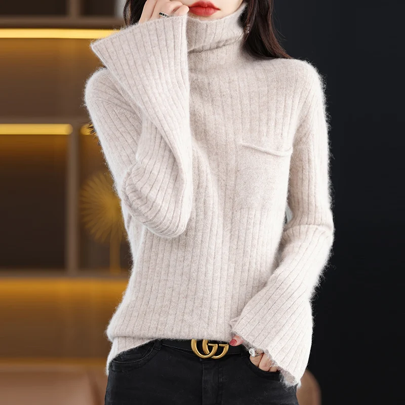 Autumn Winter New Mink Fleece Knitted Sweater High Neck Long Sleeve Pullover With Pockets Loose And Comfortable Style Knitwear