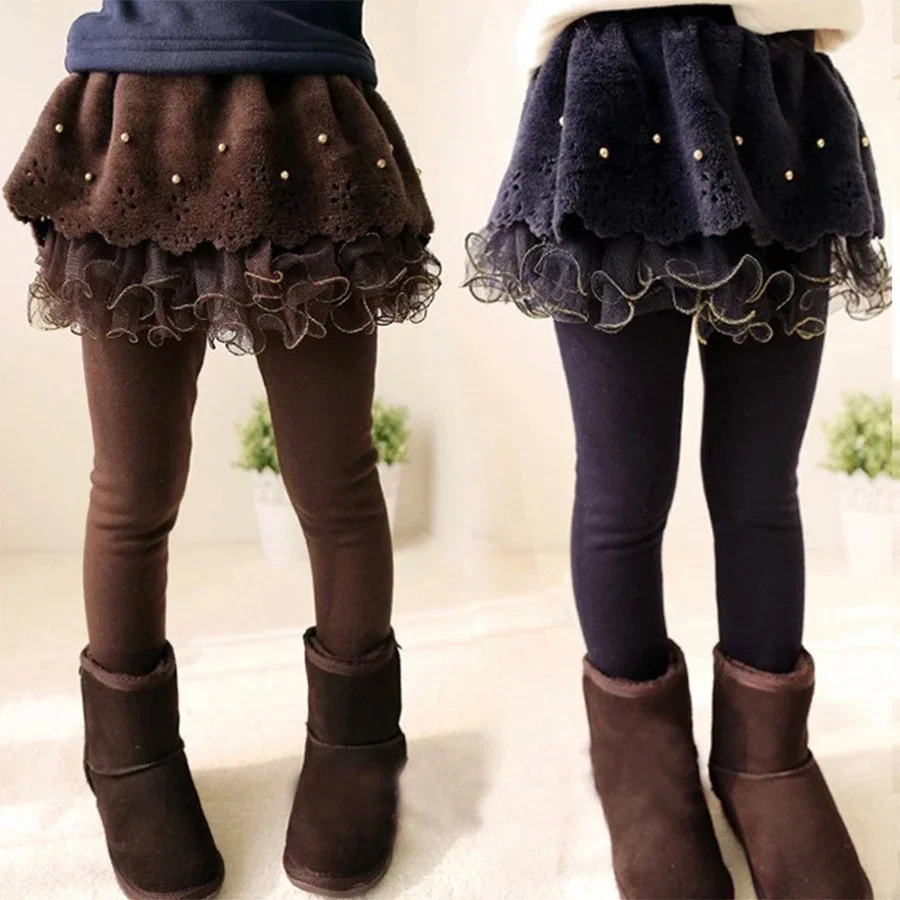 New Winter Girls Thick Leggings Lace Skirt Legging For Kids Cotton Children Pants Baby Tutu Pants Toddler Warm Trousers