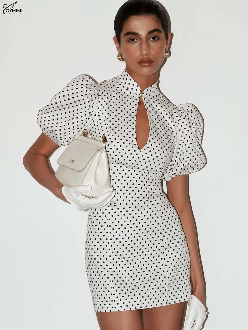 Oymimi Fashion White Print Dresses For Woman Autumn O-Neck Short Sleeve Button Dresses Elegant Slim Straight Mini Dress Female