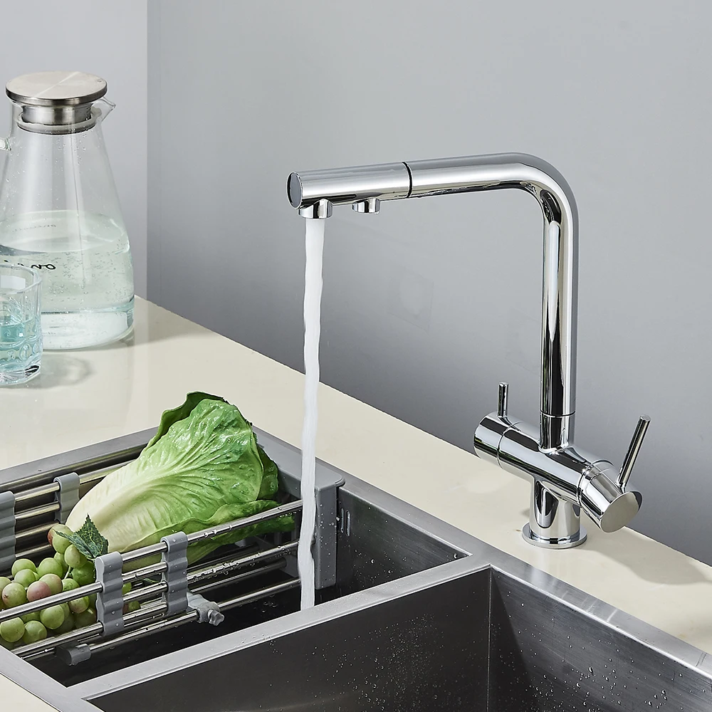 Chrome Brass Pull Out Filtered Kitchen Faucet Dual Handle Hot Cold Drinking Water 3-Way Filter Purification Mixer Taps