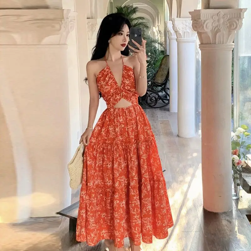 

Bohemian Floral Backless Halter Neck Dress for Women, Summer Holiday Hollow-out Sexy Casual Beach Skirt