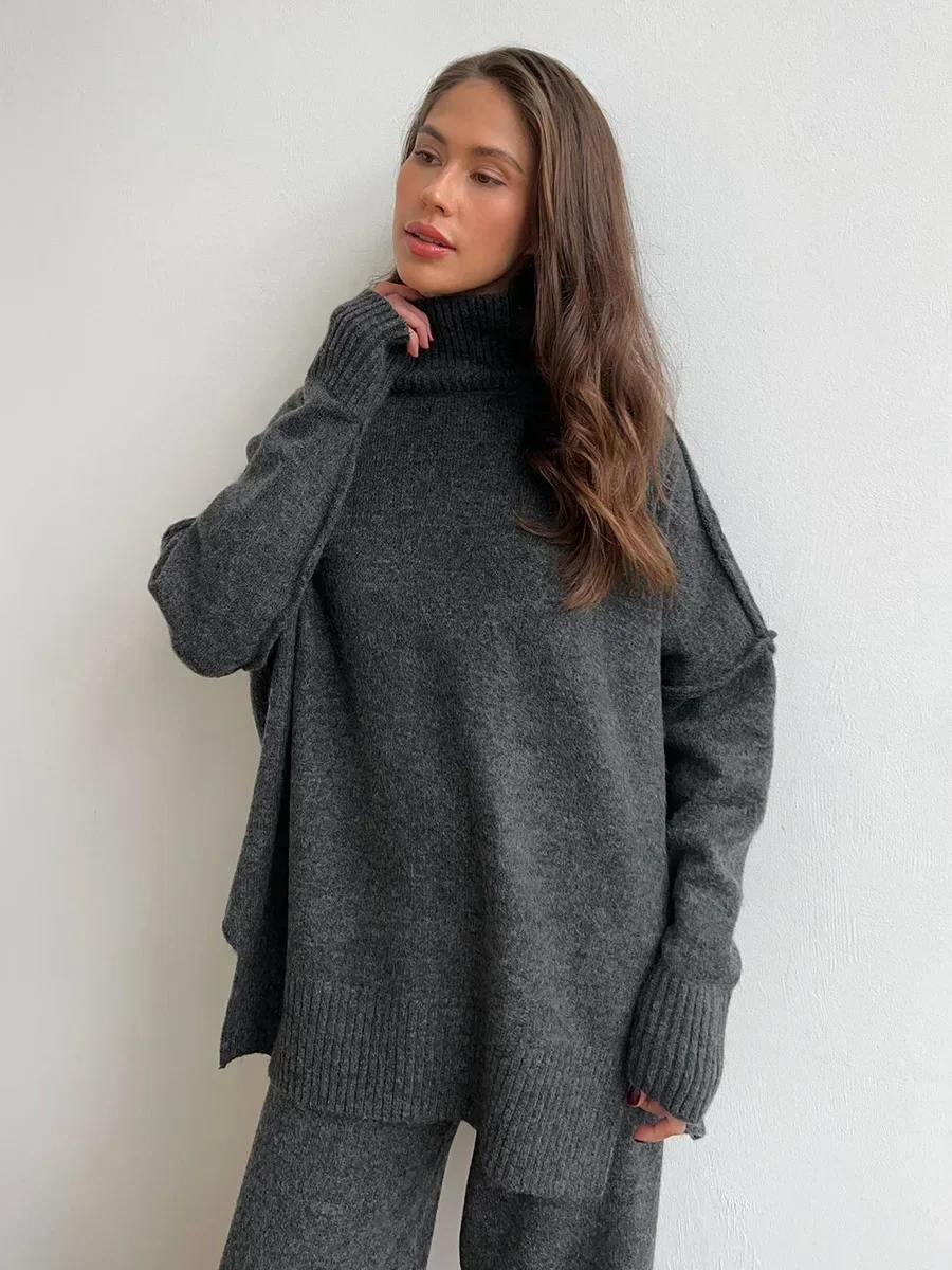 Bornladies Women\'s Autumn Winter Turtleneck Sweater Pants Set Loose Casual Knitted Sweater Thicke Loose Pullover 2 Pieces Sets