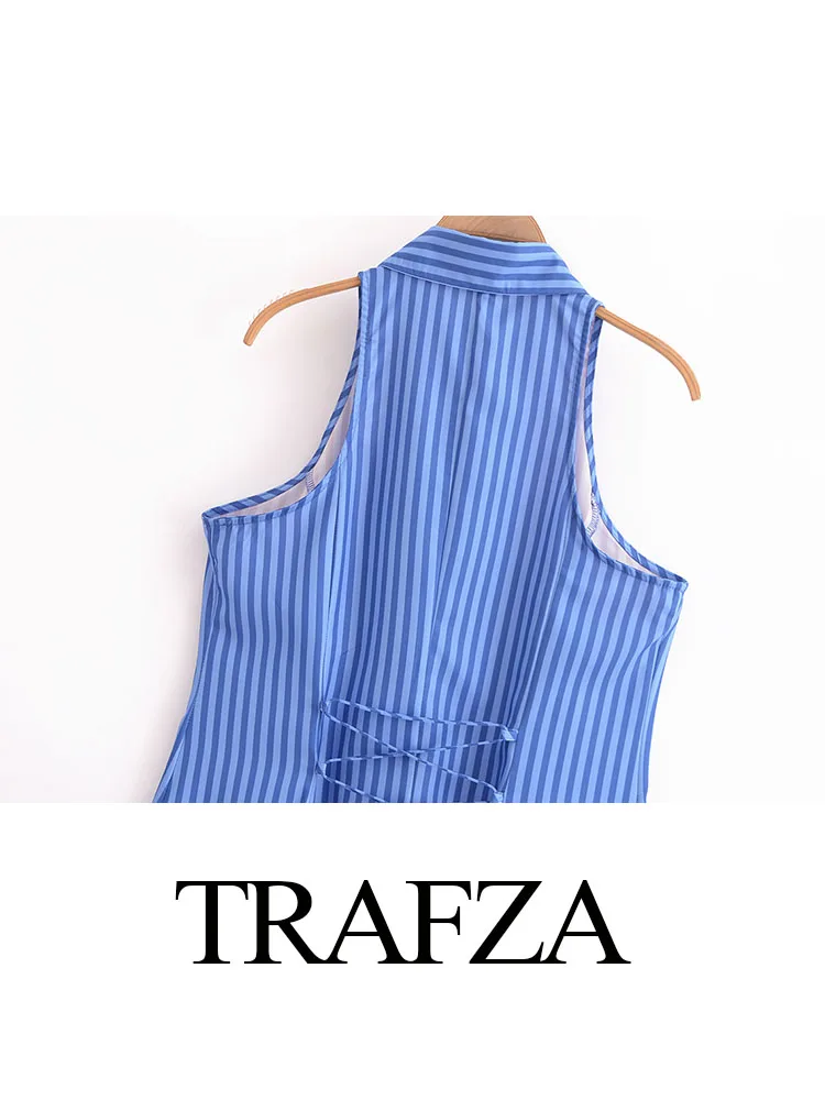 TRAFZA-Vestido Midi de gola com camisa com renda nas costas feminina, vestido solto de peito único, listra elegante, verão