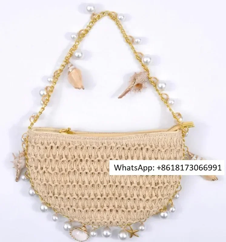 Beach vacation tourism Conch five pointed star handmade woven grass half round bag Fairy Tote bag Underarm handbag