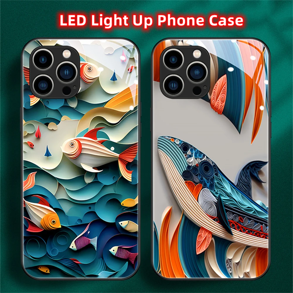 Animal Origami Design Smart LED Light Glow Tempered Glass Phone Case For Samsung S23 S22 S21 S20 FE Note 10 20 Plus Ultra A54