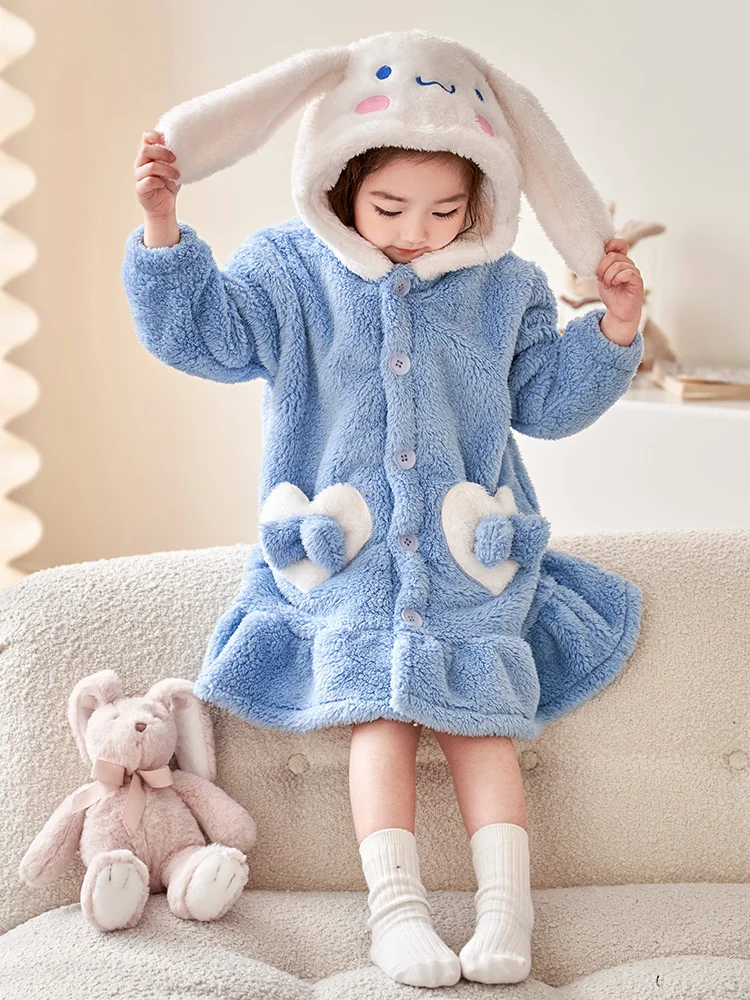 

Sanrioed Anime Cinnamoroll Kids Flannel Bathrobe Kawaii Baby Boys Girls Pajamas Sets Children Clothing Sleepwear Home Clothing